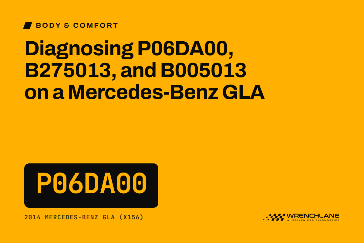 Diagnosing P06DA00, B275013, and B005013 on a Mercedes-Benz GLA