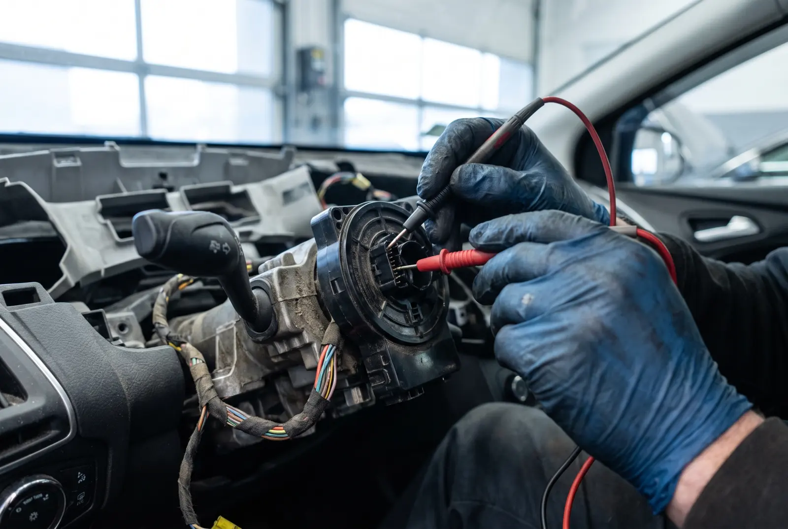AI illustration: a mechanic's gloved hands using fine-tipped multimeter probes to test the electrical wiring connector of a steering angle sensor…