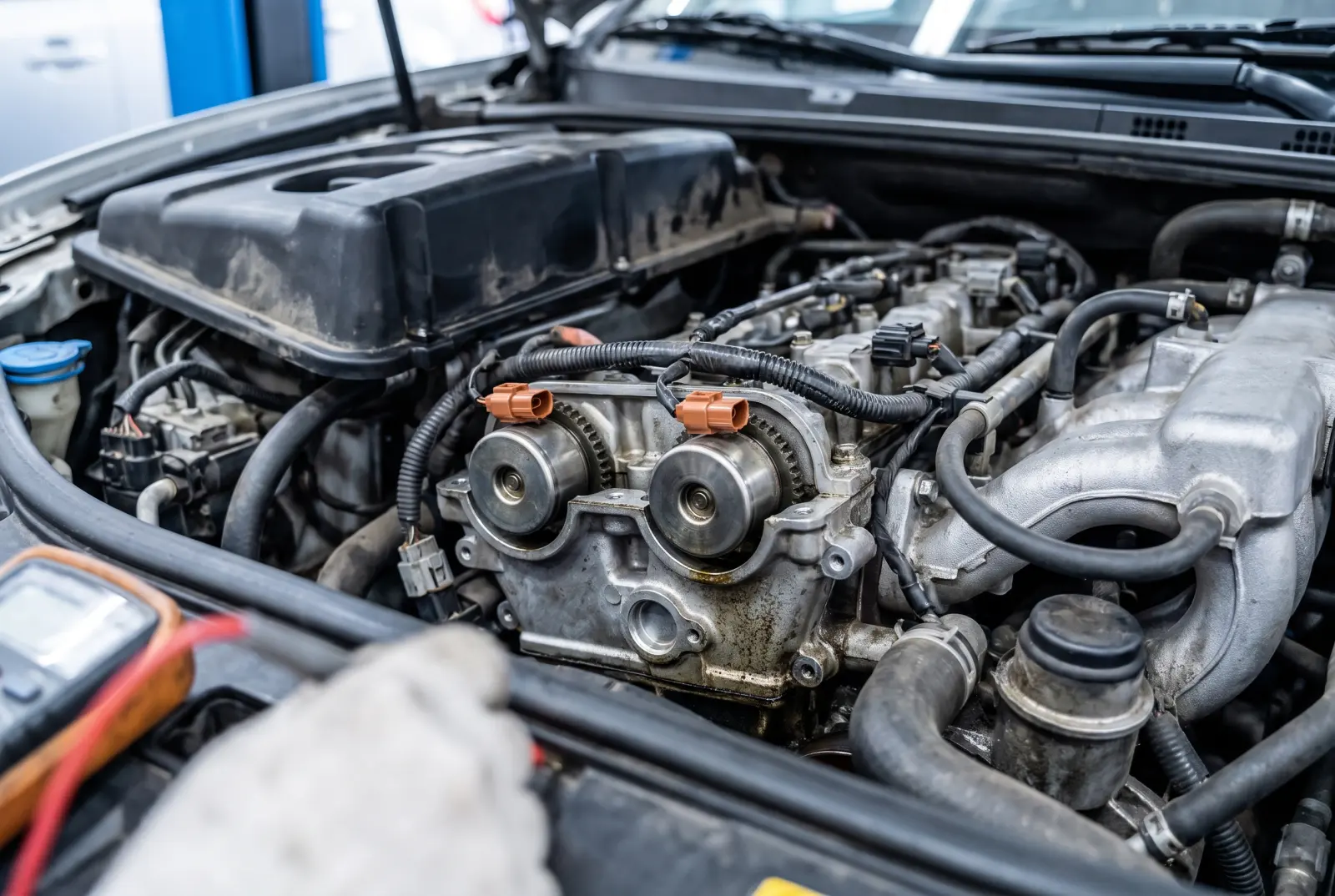 AI illustration: an open engine bay, focusing on the dual variable valve timing (VVT) oil control solenoids mounted near the top of the aluminum…