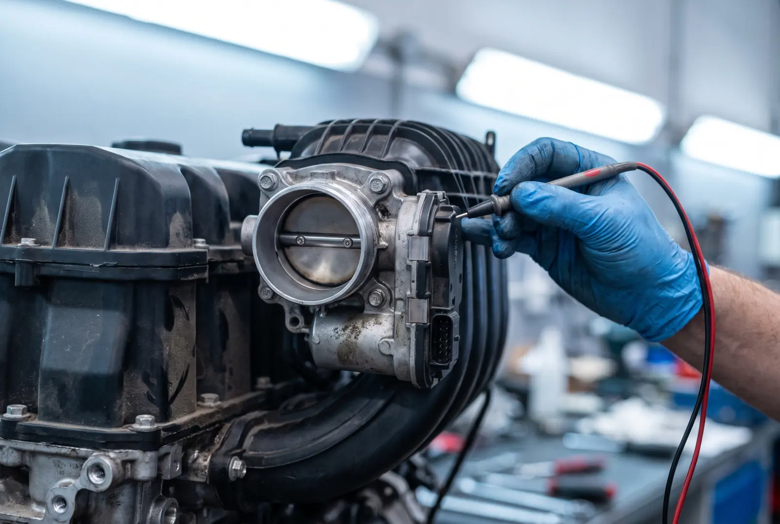 AI illustration: an electronic throttle body assembly attached to a modern compact engine's plastic intake manifold