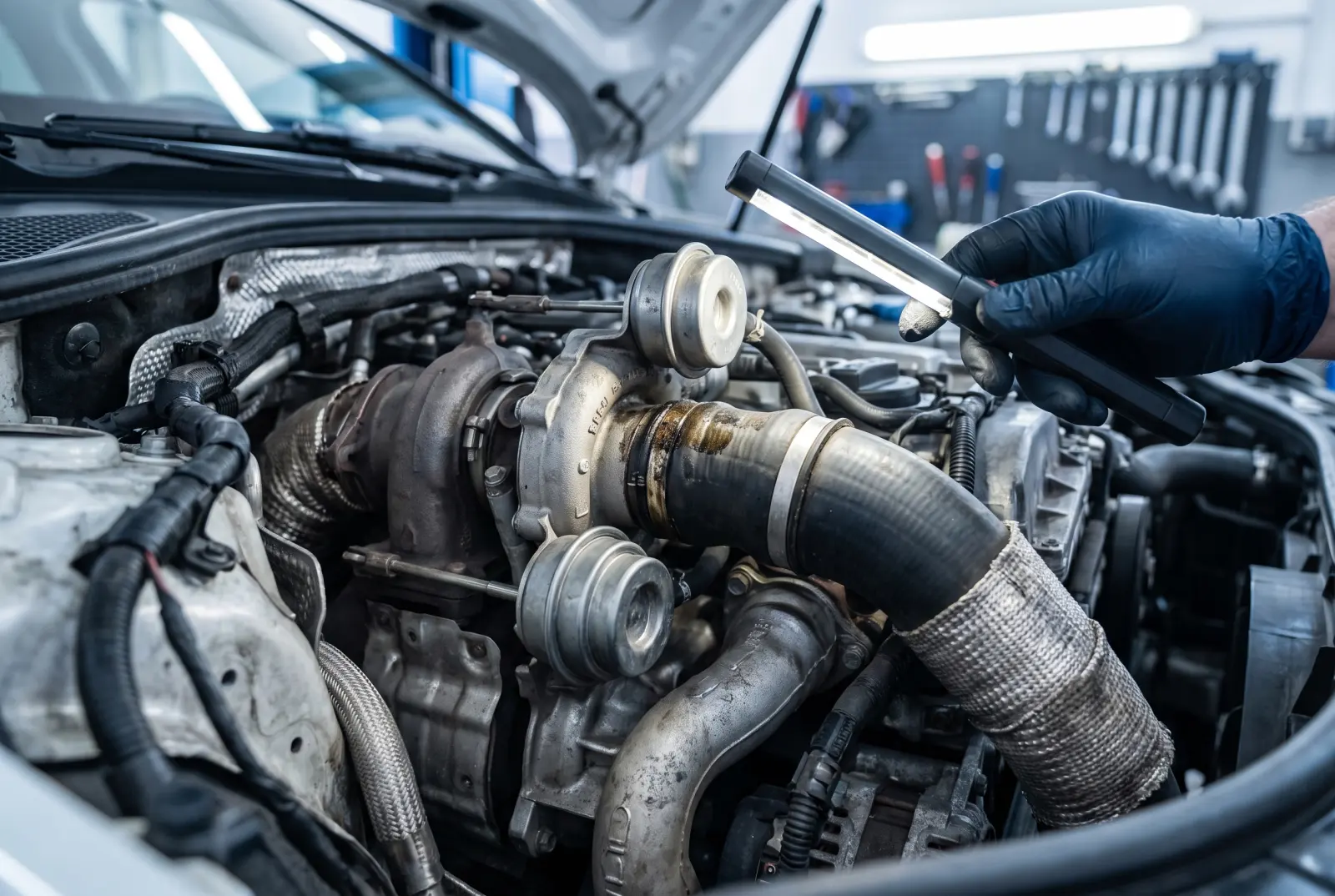 AI illustration: the open engine bay of a modern executive car, focused on the turbocharger with its electronic VNT actuator and heavy charge air…