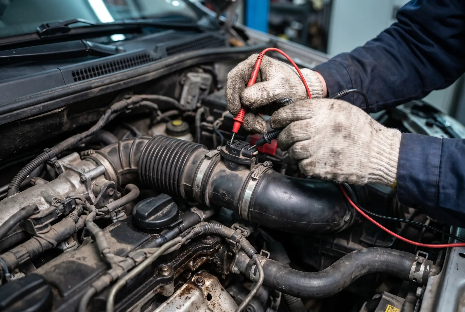 AI illustration: a mechanic's gloved hands holding multimeter probes to the electrical connector of a mass air flow sensor