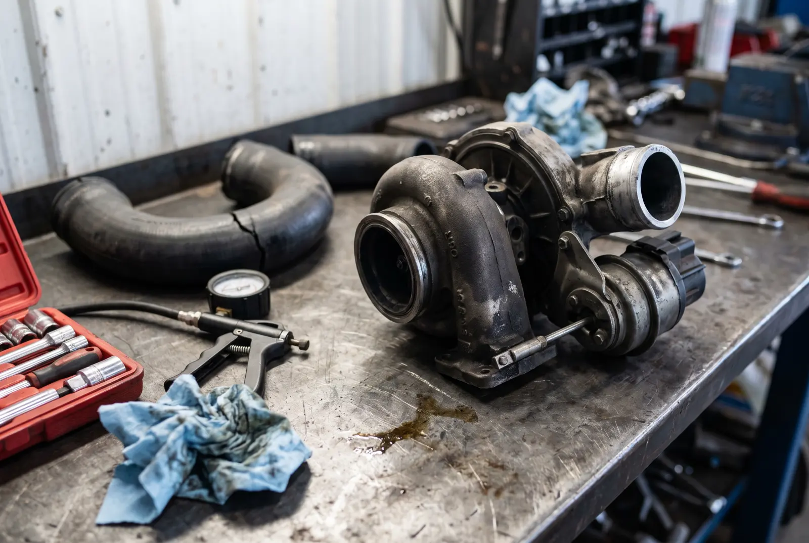 AI illustration: a removed turbocharger assembly with an attached electronic wastegate actuator resting on a worn steel workbench