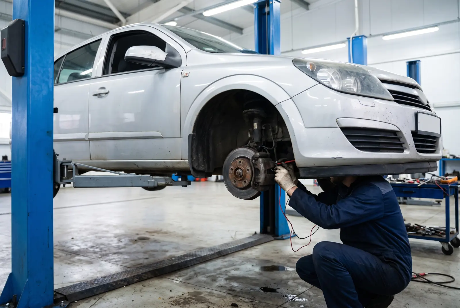 AI illustration: a generic silver 2008 compact hatchback is elevated on a two-post lift inside a brightly lit, clean independent workshop