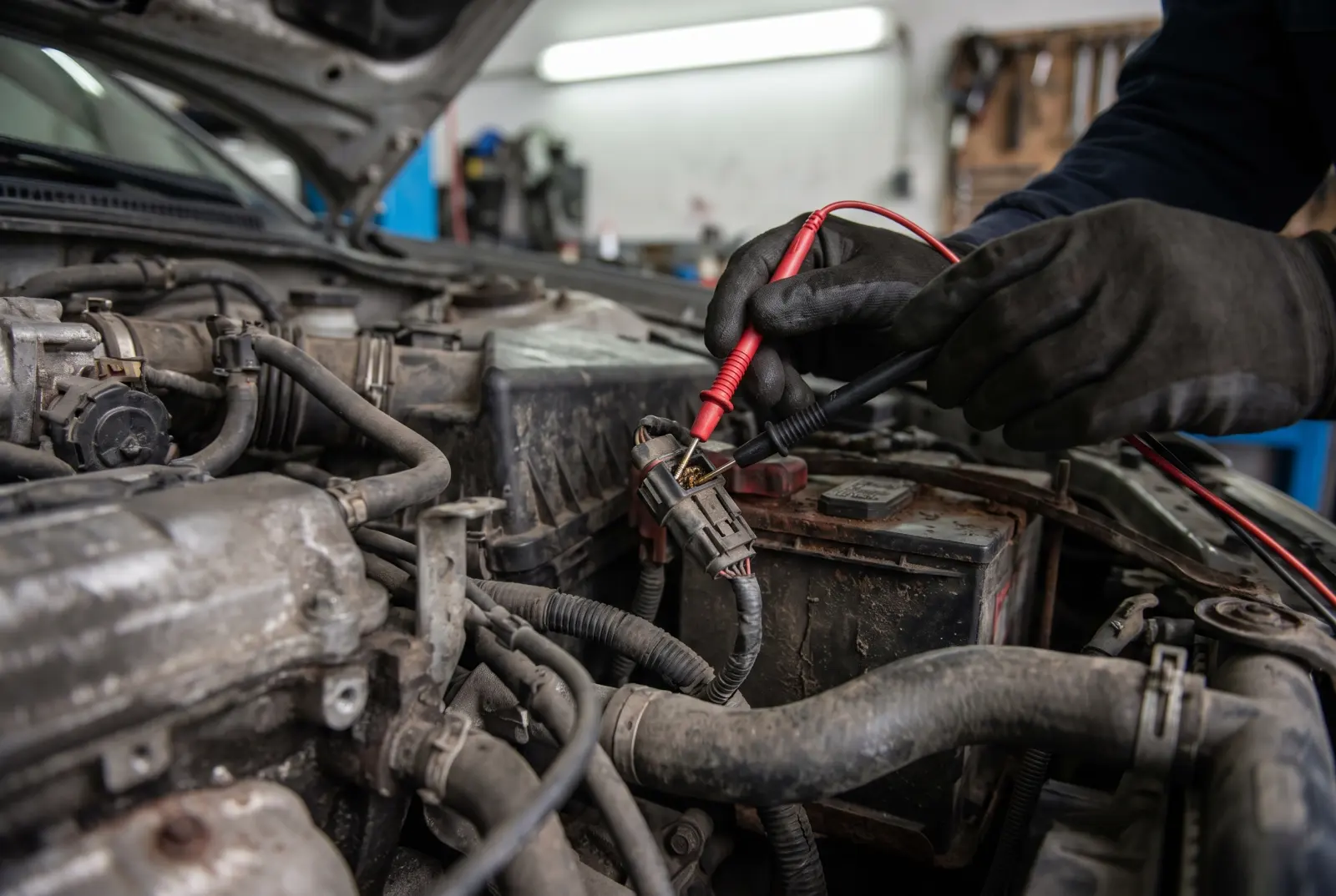 AI illustration: the engine bay of a generic 2000s mid-size sedan