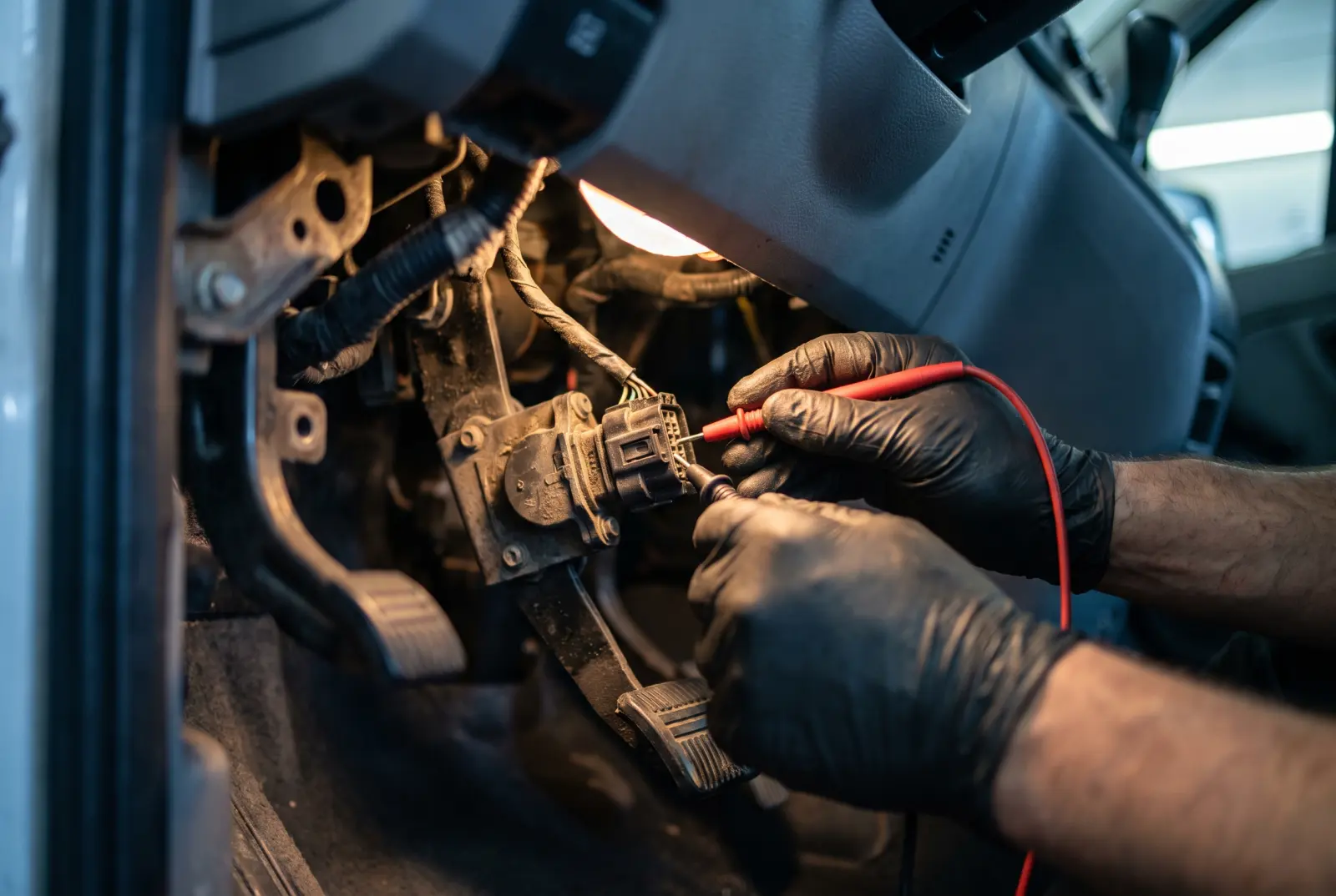 AI illustration: a mechanic’s gloved hands using fine-tipped multimeter probes to test the wiring harness connector of an accelerator pedal position…