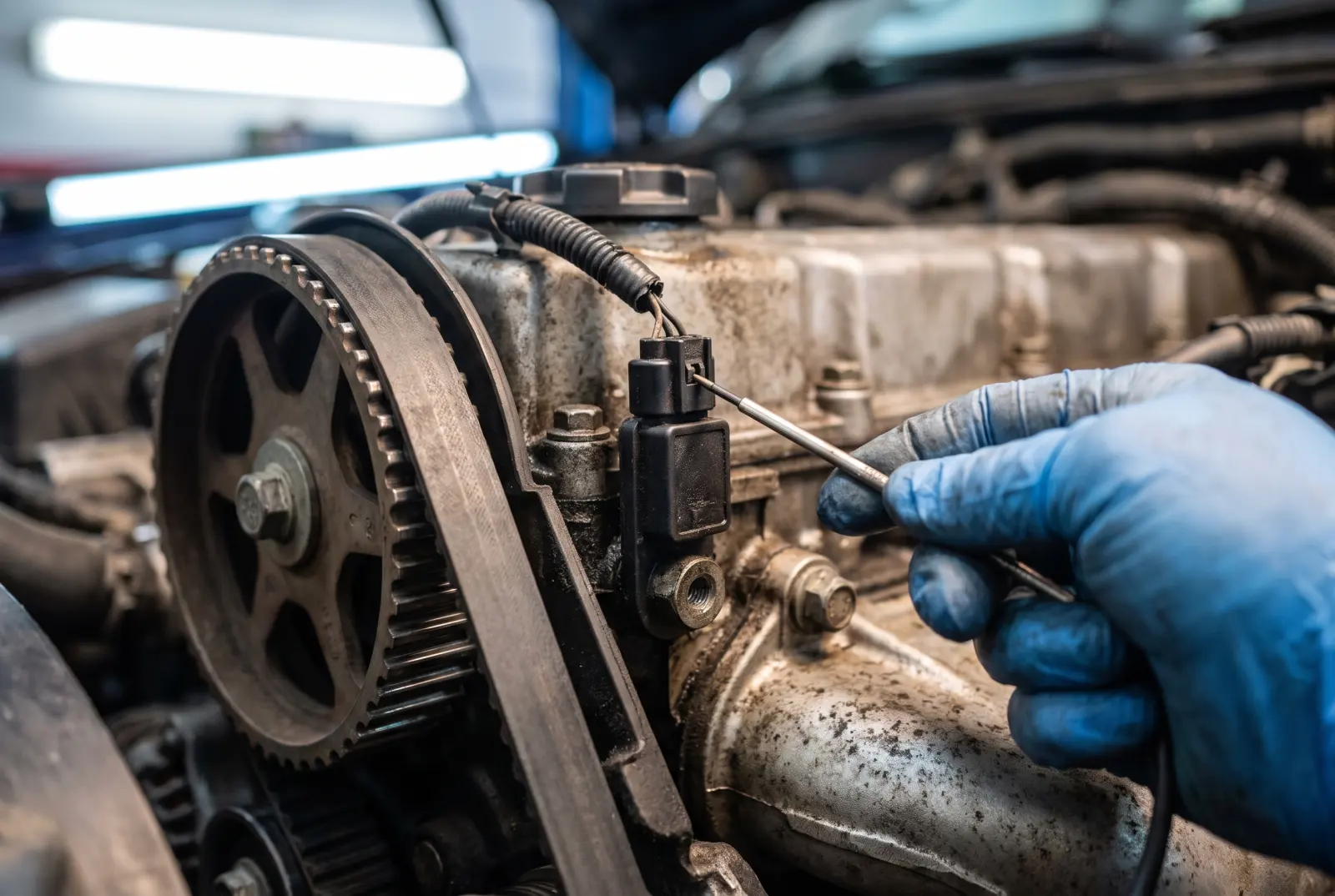 AI illustration: a macro close-up inside the engine bay of a generic mid-size diesel car, focusing on a camshaft position sensor mounted adjacent to…