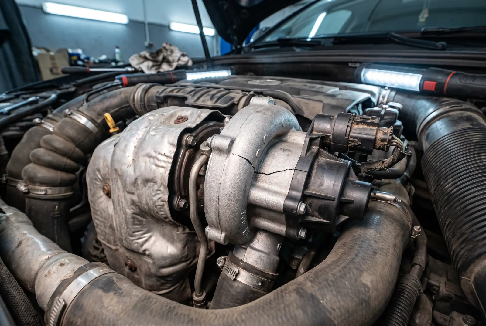 AI illustration: the compact engine bay, focusing on the electronic turbocharger diverter valve mounted directly onto the aluminum compressor housing