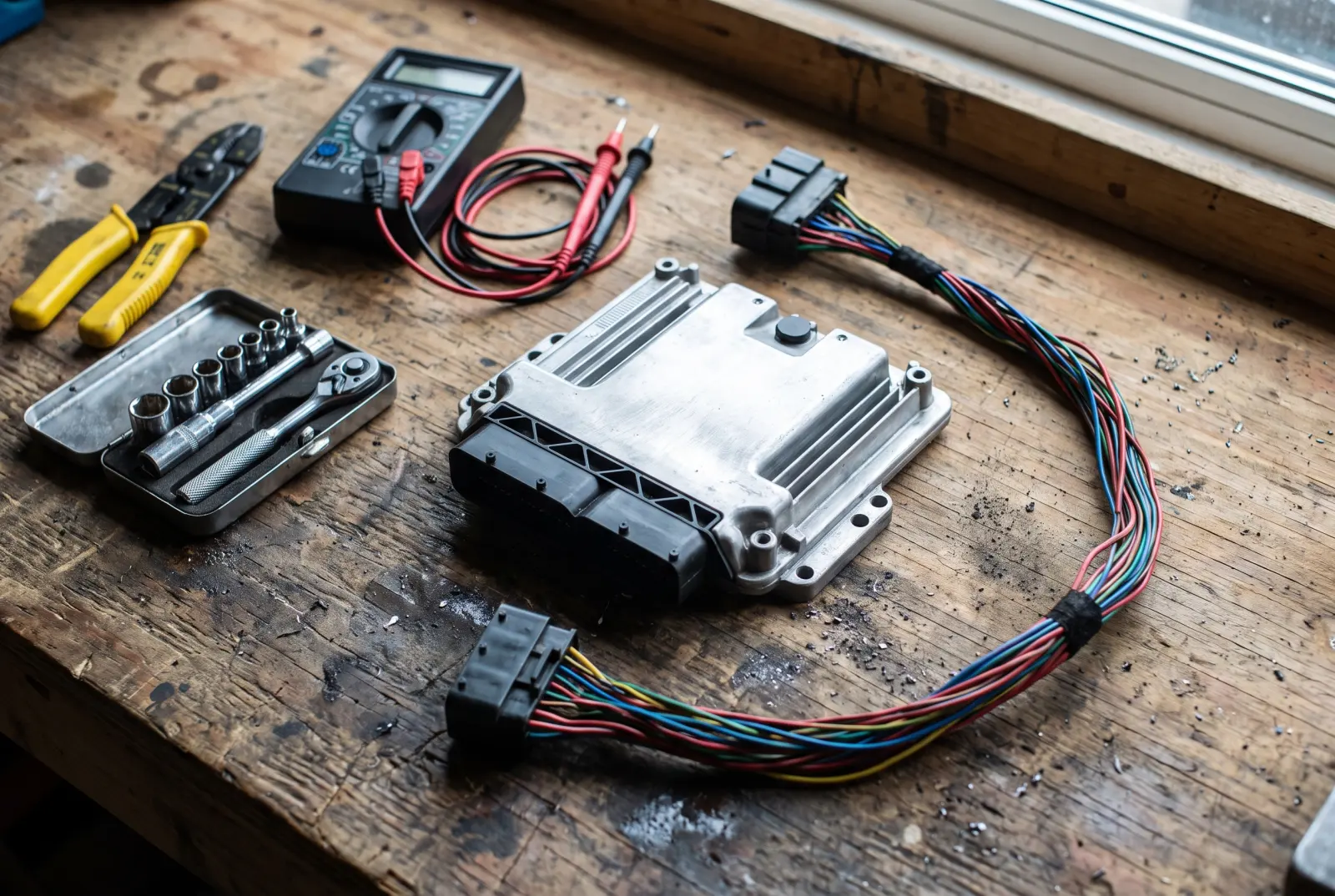 AI illustration: a brushed aluminum engine control unit module resting on a worn wooden workbench