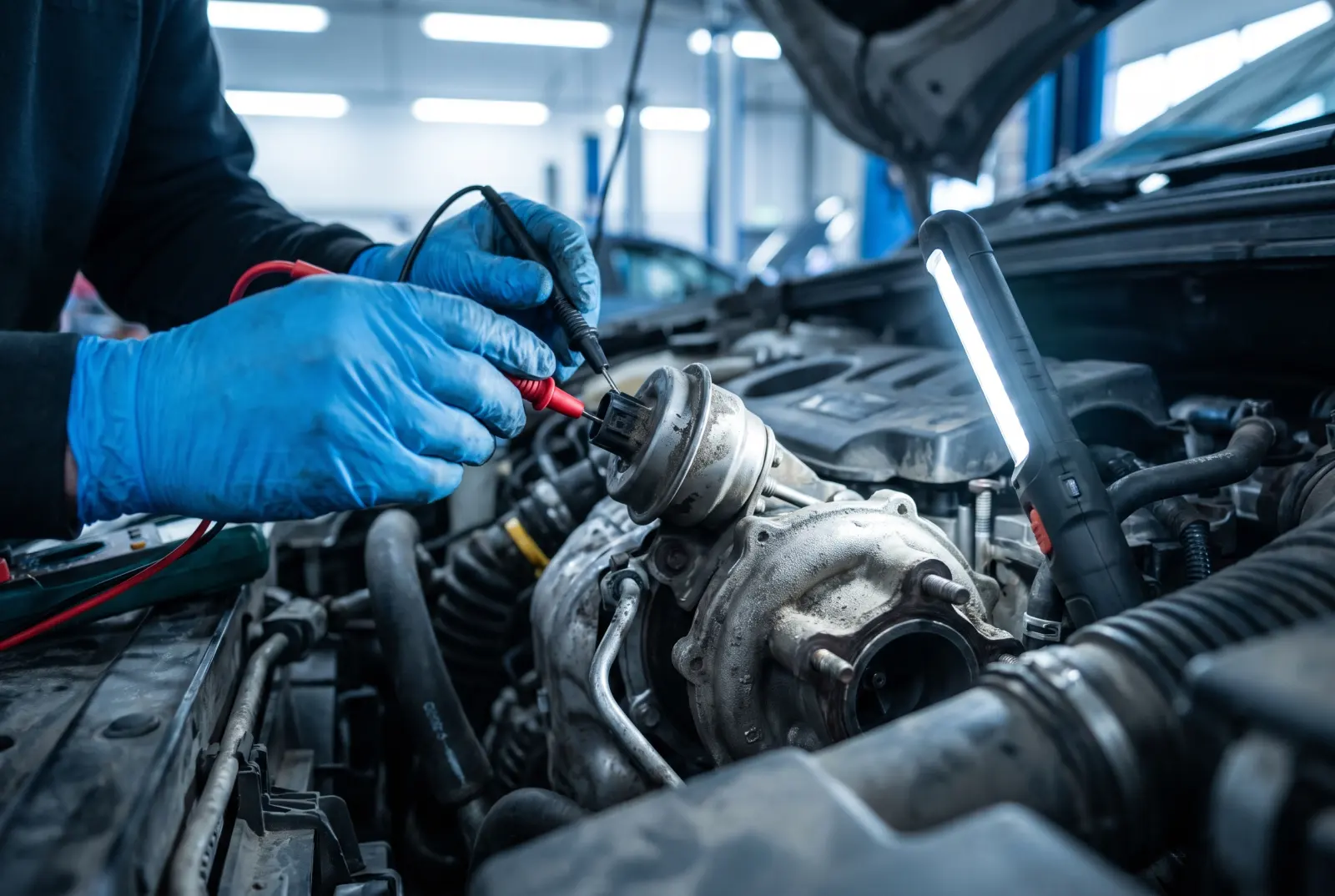 AI illustration: a mechanic's gloved hands holding multimeter probes against the electrical connector of an electronic wastegate actuator attached to…