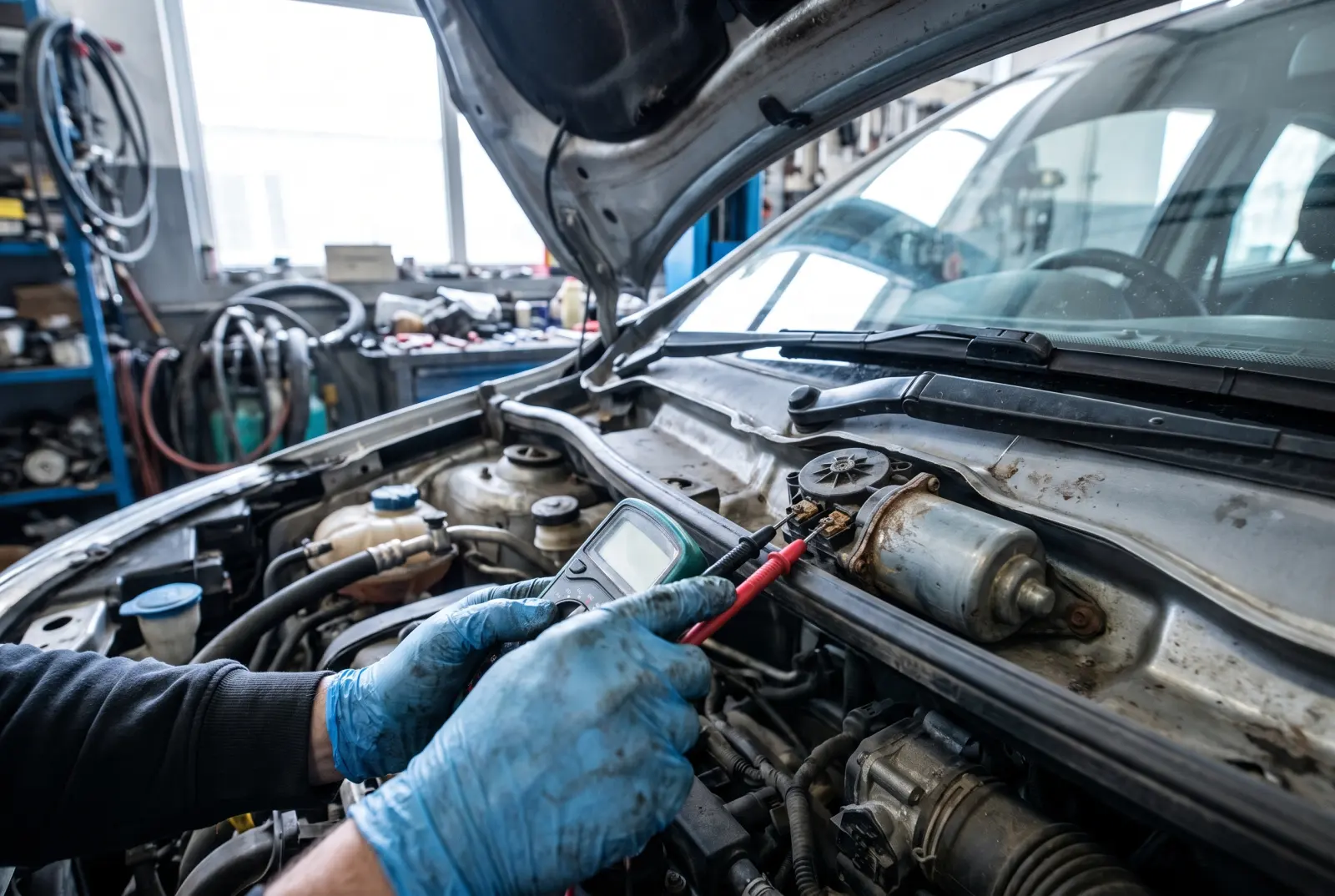 AI illustration: a close-up shot under the open hood of a generic modern compact hatchback in an auto workshop