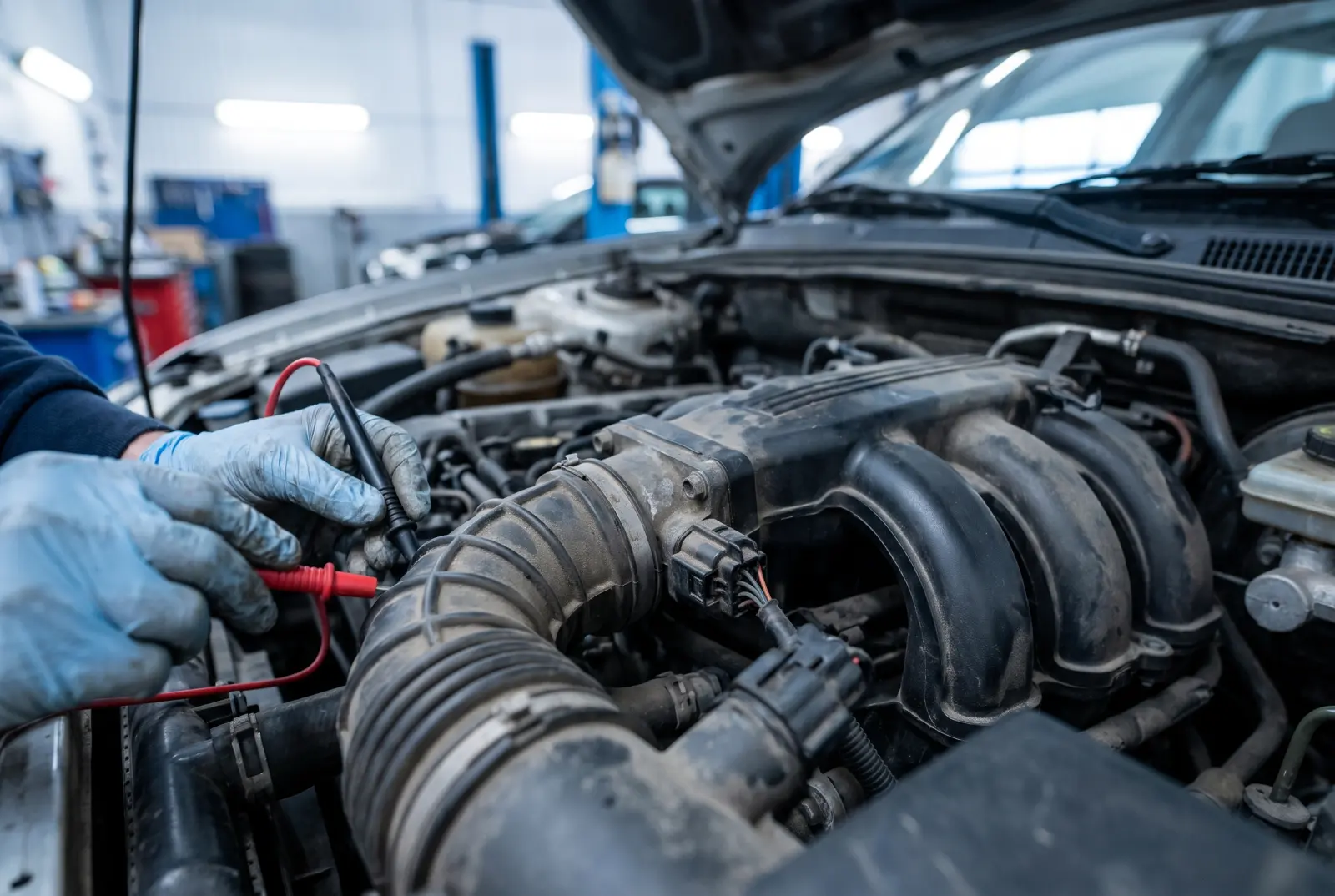 AI illustration: a brightly lit auto workshop captures a mechanic's gloved hands applying red and black multimeter probes to the electrical connector…