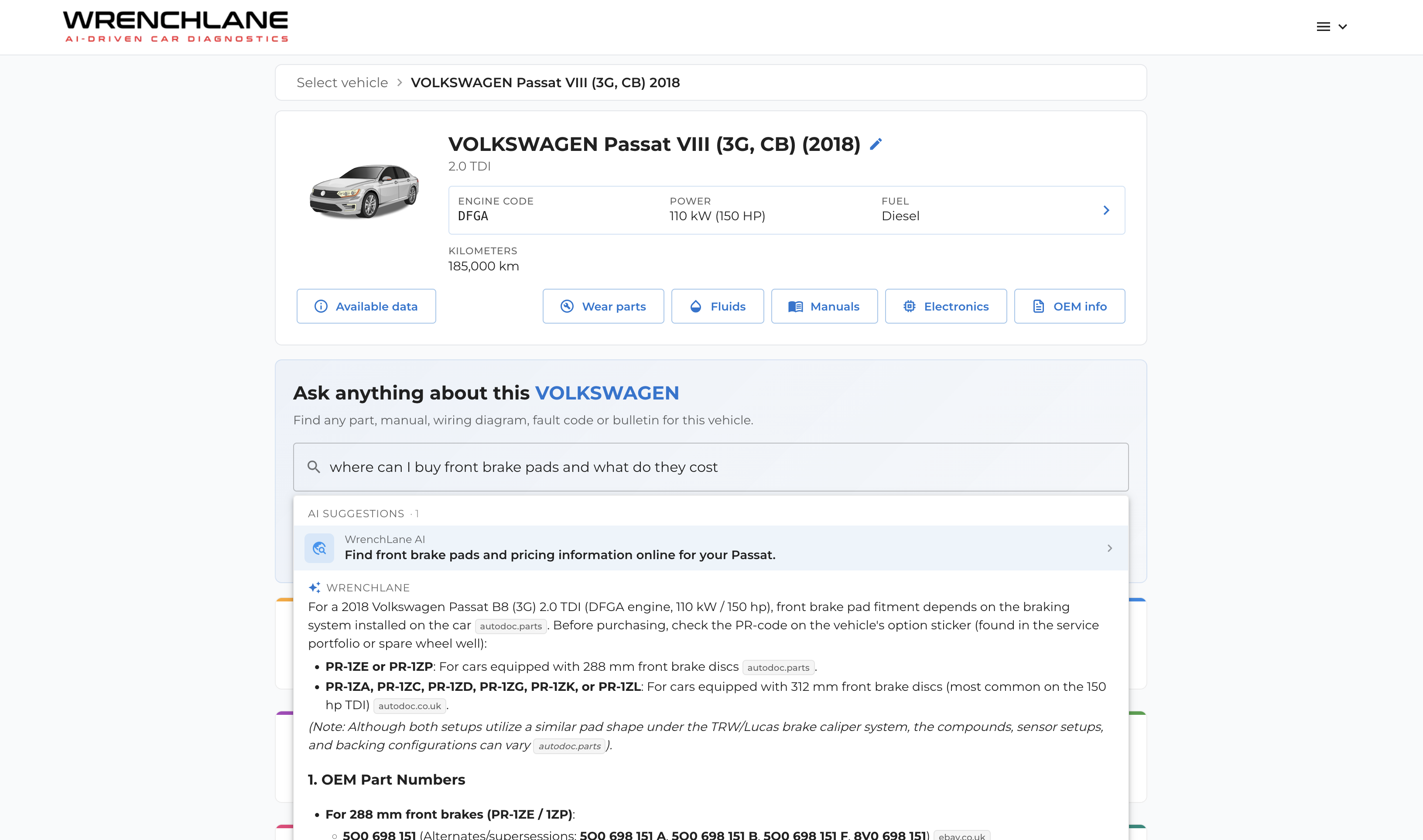 Ask WrenchLane  a sourced cited answer in the vehicle search