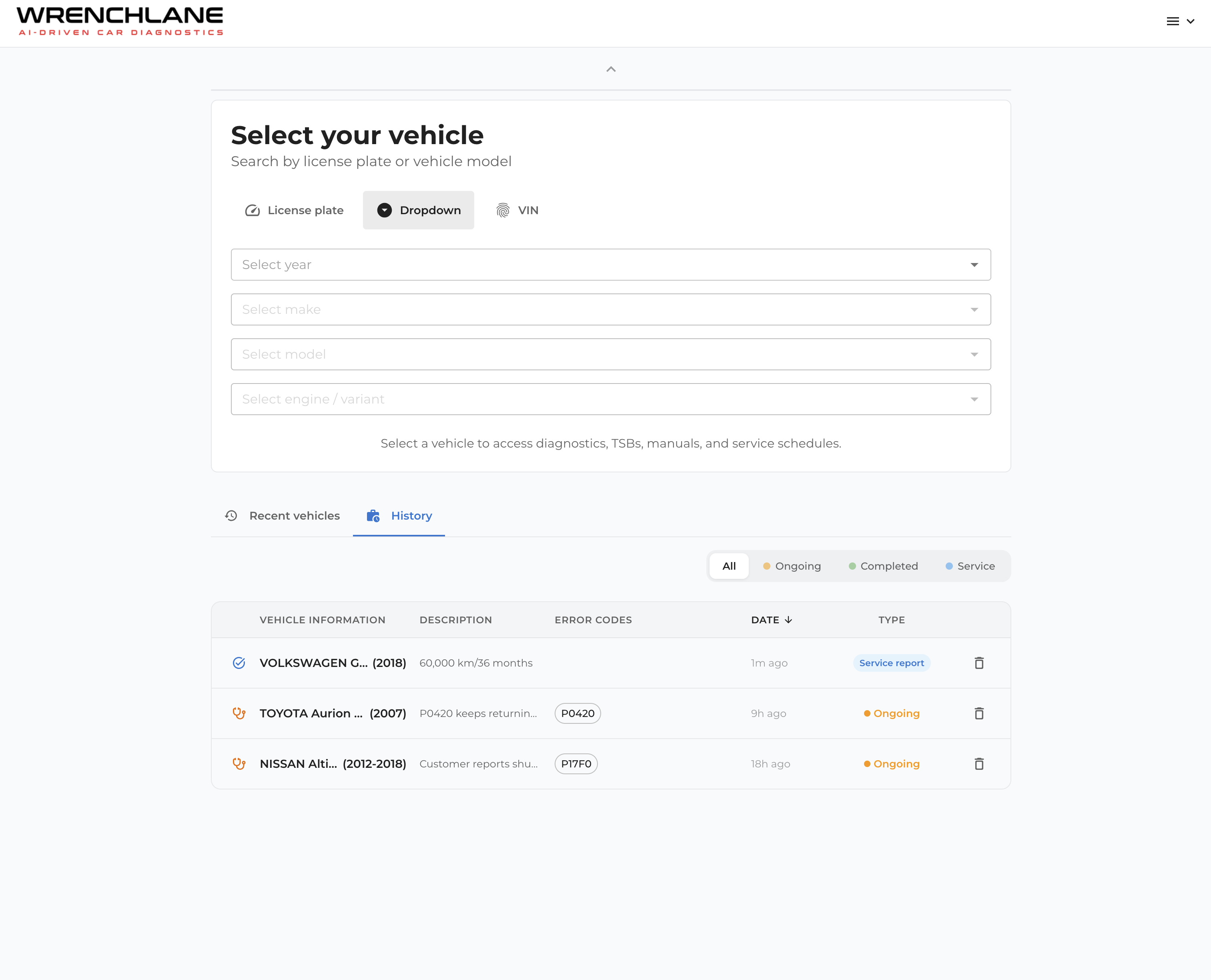 Saved service reports in the garage history, alongside your diagnostics