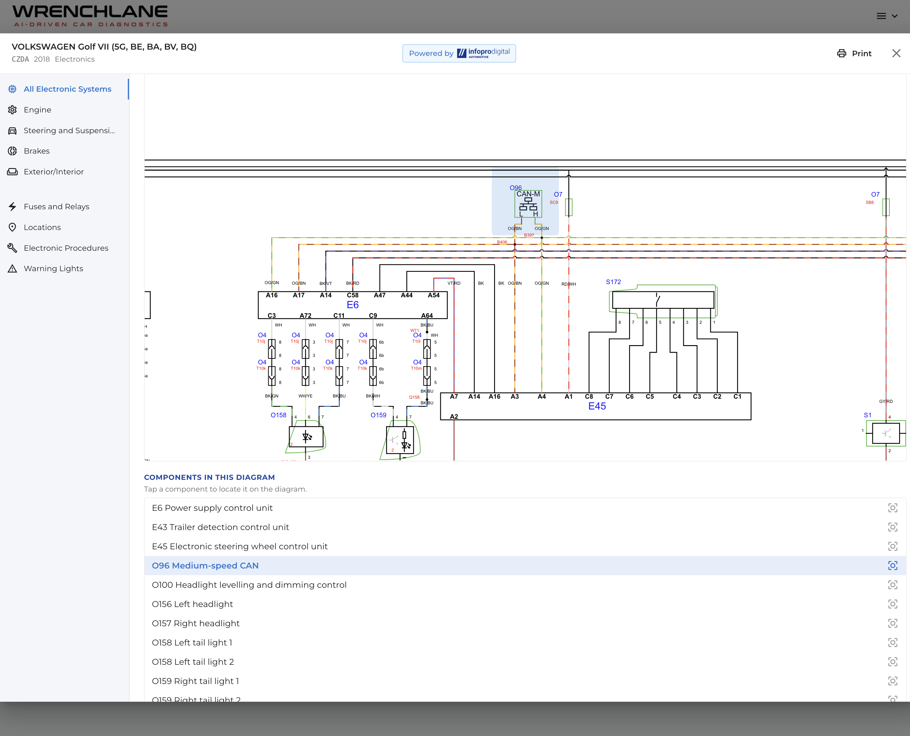 Component legend under the wiring diagram — tap a component to locate it