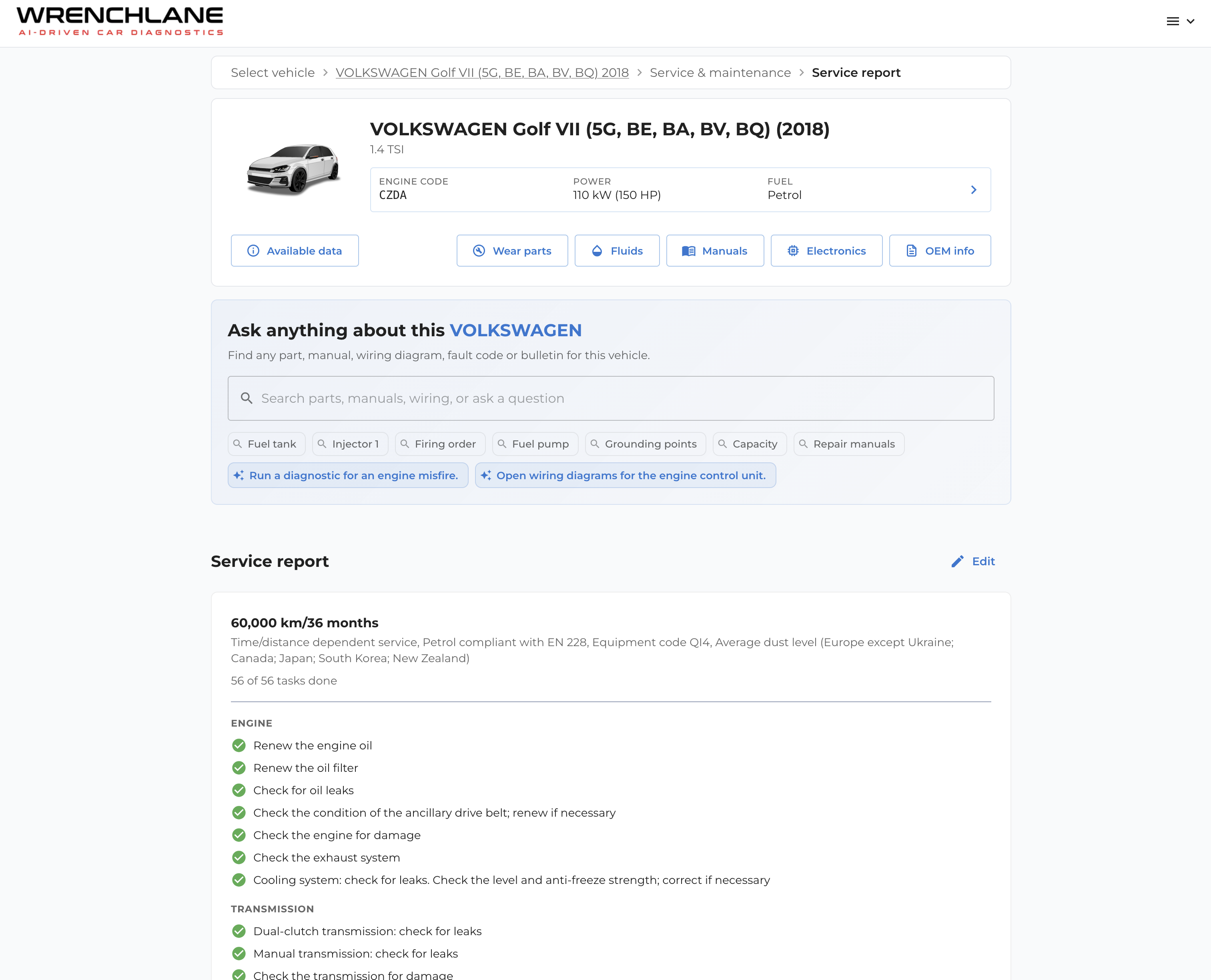 The saved service report on the vehicle page, ready to reopen or edit