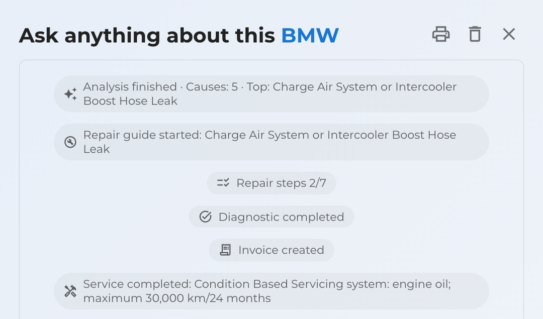 The car's chat listing an analysis, a repair guide with ticked steps, a finished job with its invoice and a service report