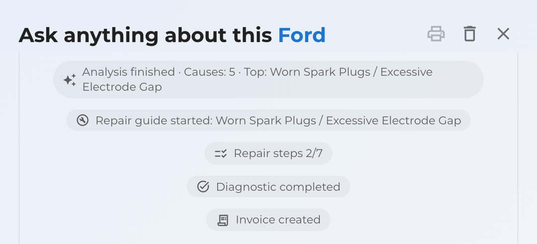The vehicle chat listing an analysis, a repair guide with ticked steps and a finished job with its invoice