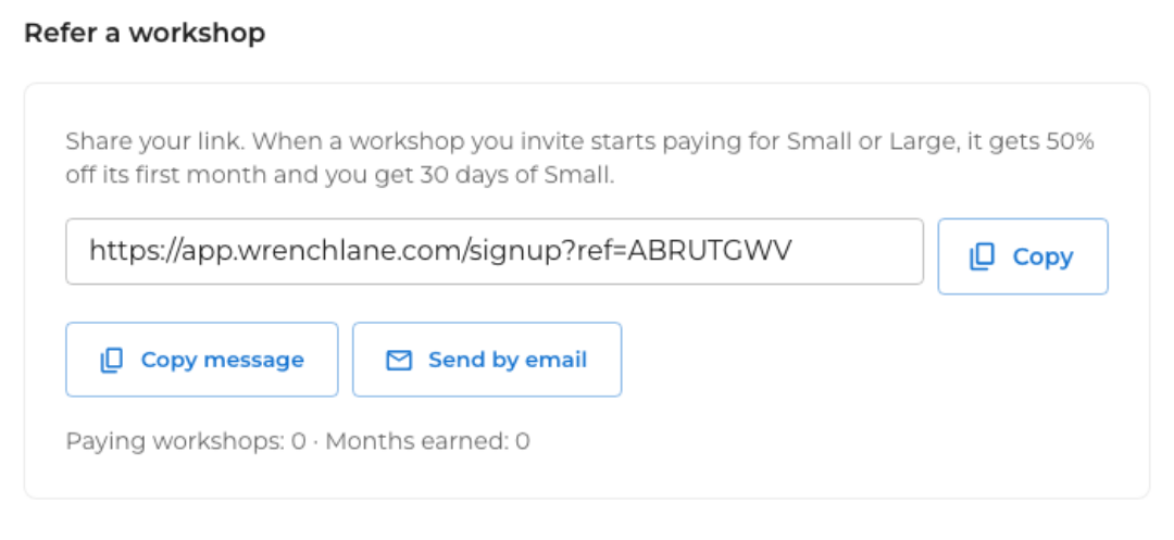 The Refer a workshop section in Profile, with the referral link, Copy, Copy message and Send by email
