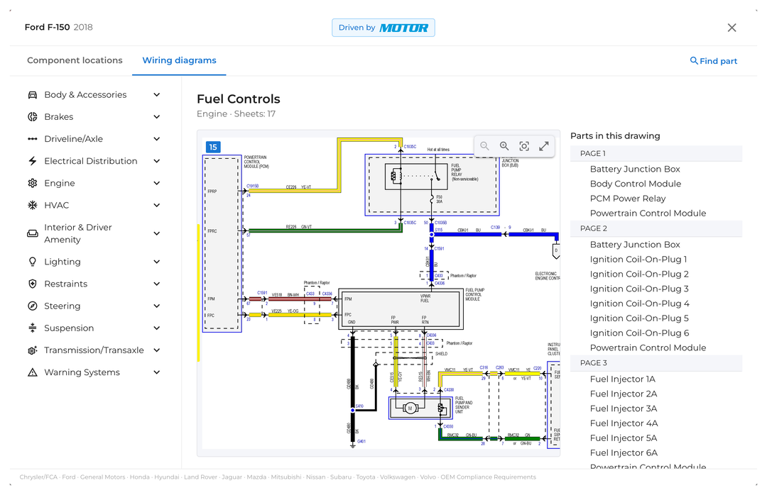 The MOTOR browser with Component locations and Wiring diagrams, a menu by system and a wiring diagram