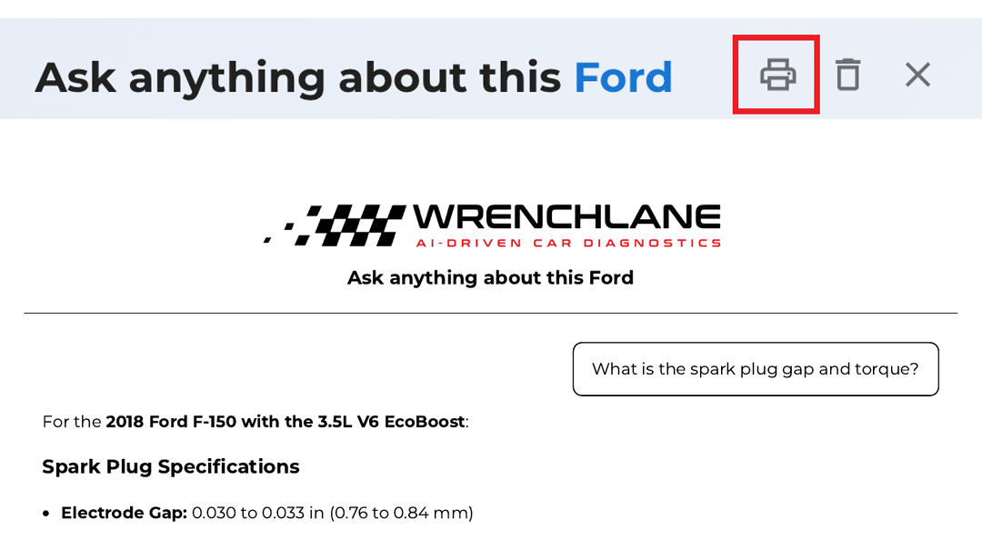 The print button in the vehicle chat header, and the printout with the WrenchLane logo and the chat title