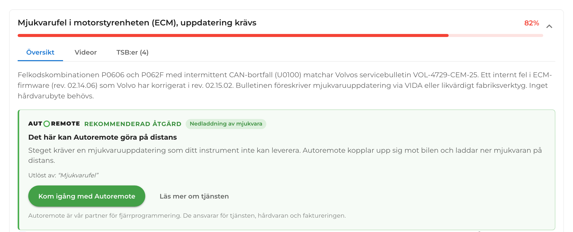 AutoRemote som rekommenderad åtgärd i WrenchLanes diagnostikvy