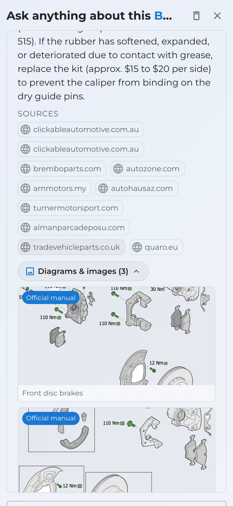 Chat answer on a phone with official manual drawings of the brakes and torque values