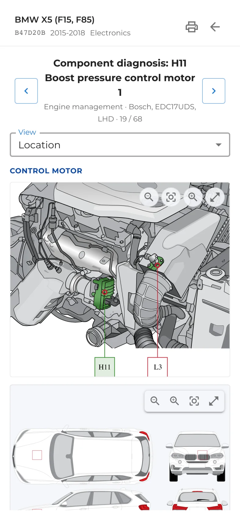 Engine-bay drawing on a phone with the boost pressure control motor marked
