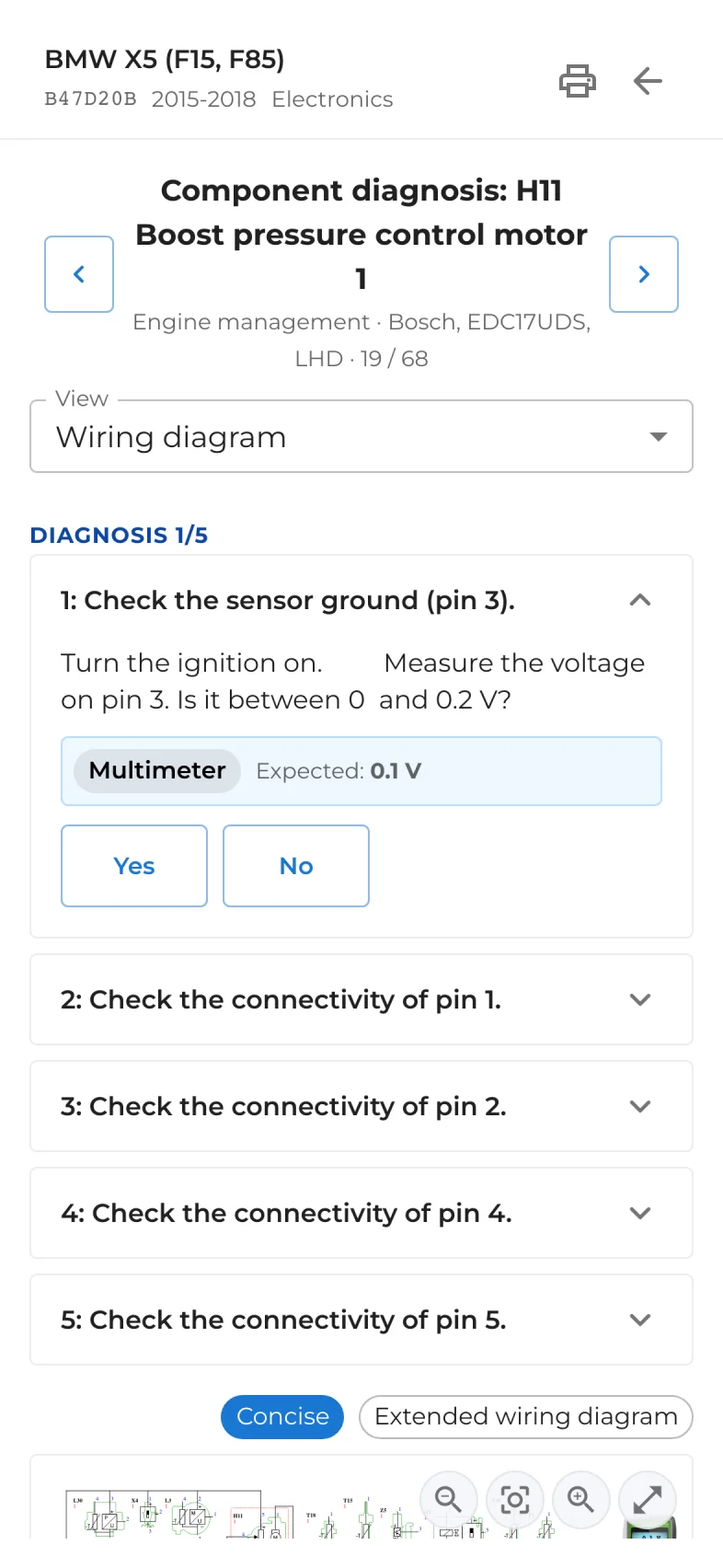 Guided test on a phone: measure pin 3, expected 0.1 V