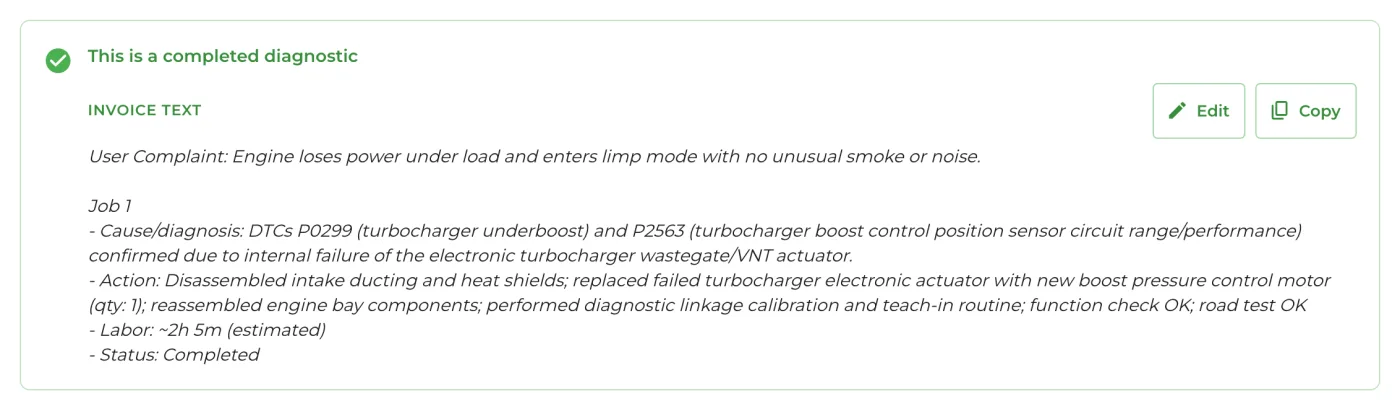 AI-written invoice text for a completed diagnosis: complaint, cause, action and labour time, with Edit and Copy