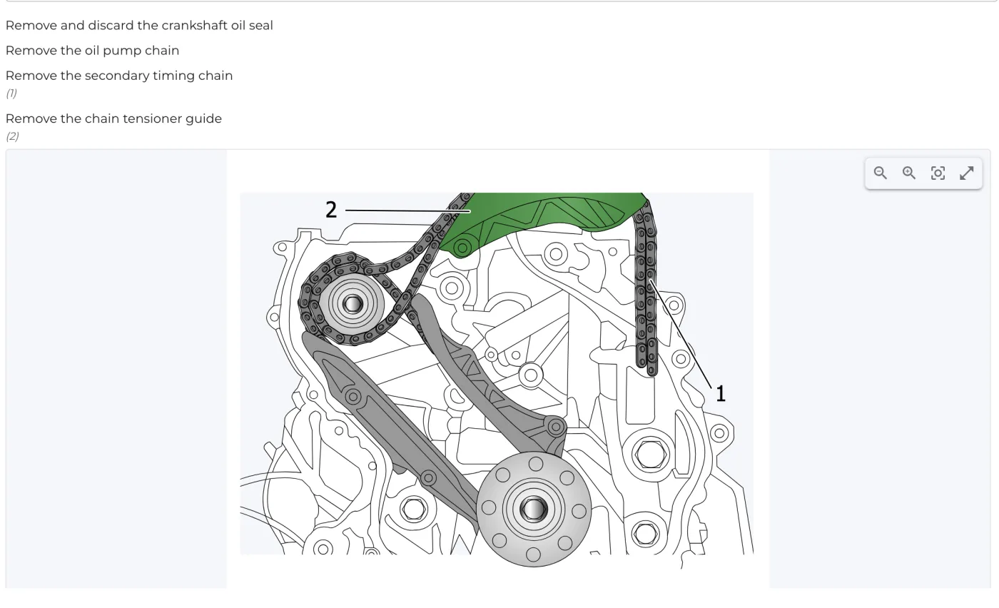 Repair manual step with an OEM drawing of the timing chain and numbered callouts
