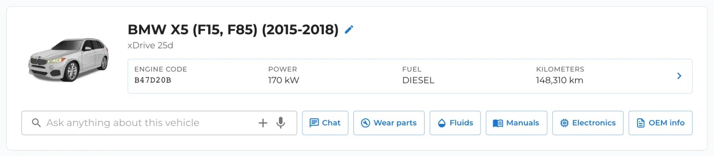 Vehicle header: BMW X5 xDrive 25d, engine code B47D20B, 170 kW, diesel, 148,310 km, with the ask-anything bar and Chat, Wear parts, Fluids, Manuals, Electronics and OEM info