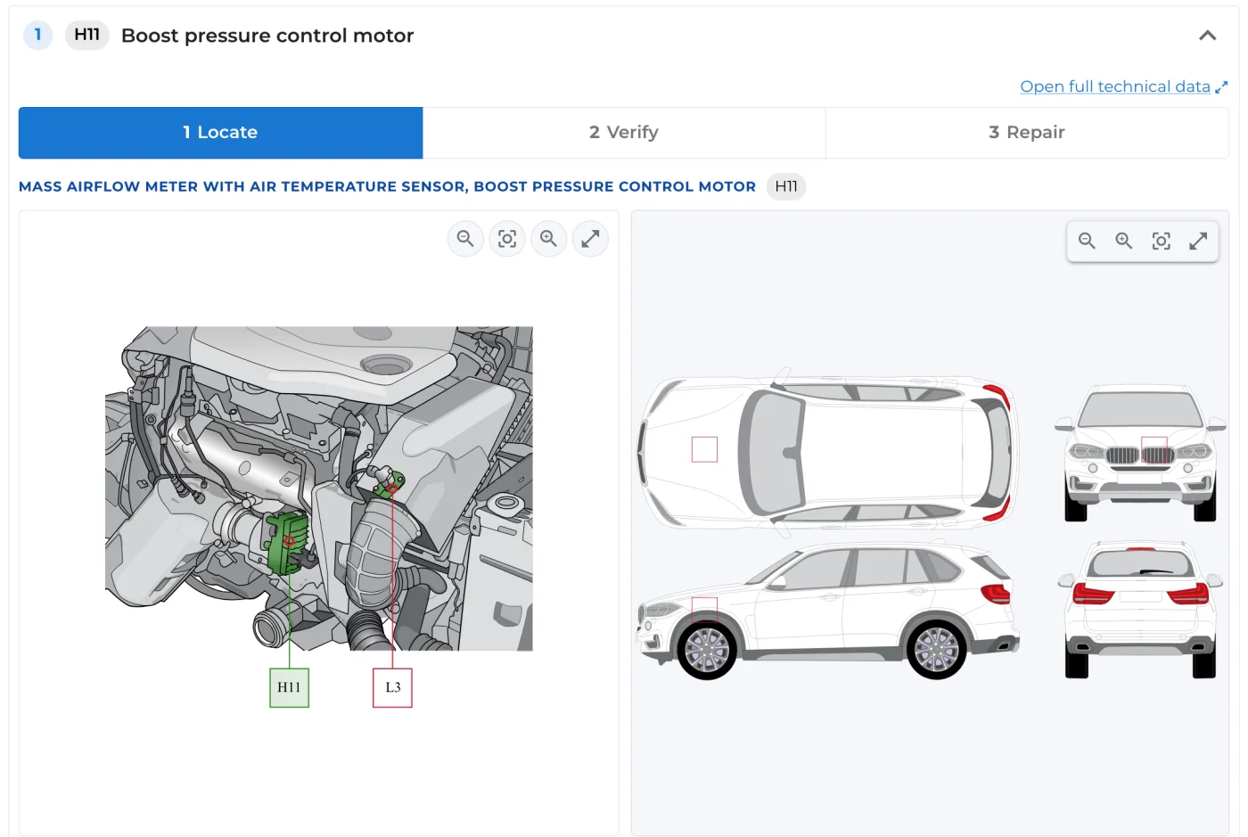 OEM engine-bay drawing with the boost pressure control motor marked, and its position on the car