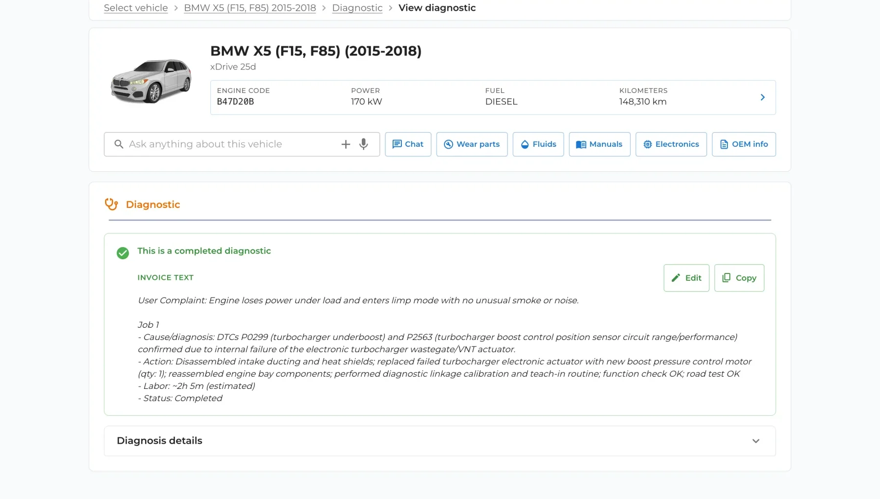 A completed diagnosis with AI-written invoice text: complaint, cause, action and labour time, with Edit and Copy