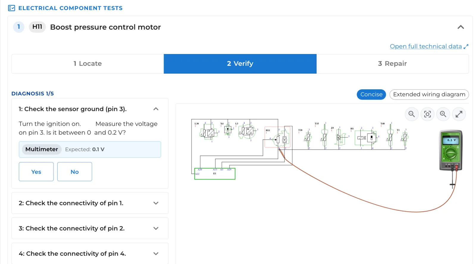 Guided test for the H11 boost pressure control motor: Locate, Verify and Repair tabs, a check with its expected value, and the wiring diagram with the multimeter probe